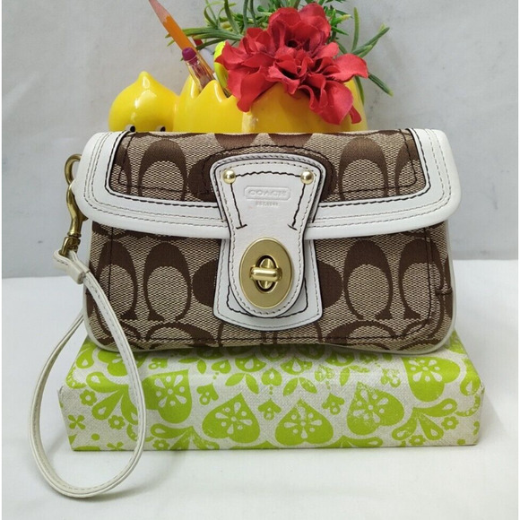 Coach Gigi Signature Brown Canvas Turnlock 65th Ann. Wristlet - Coin Wallet - Picture 1 of 13